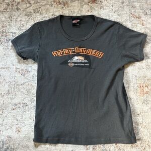 Y2k Harley-Davidson Gray Baby Tee Shirt with Orange & White Shield Logo